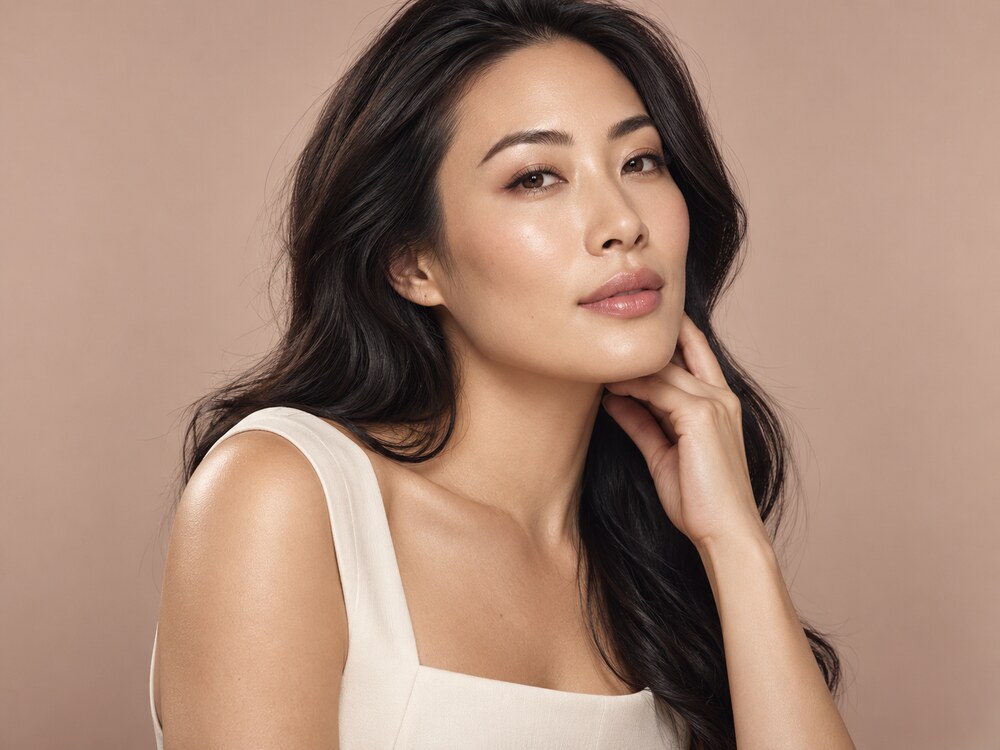 Editorial beauty model with hands framing her face