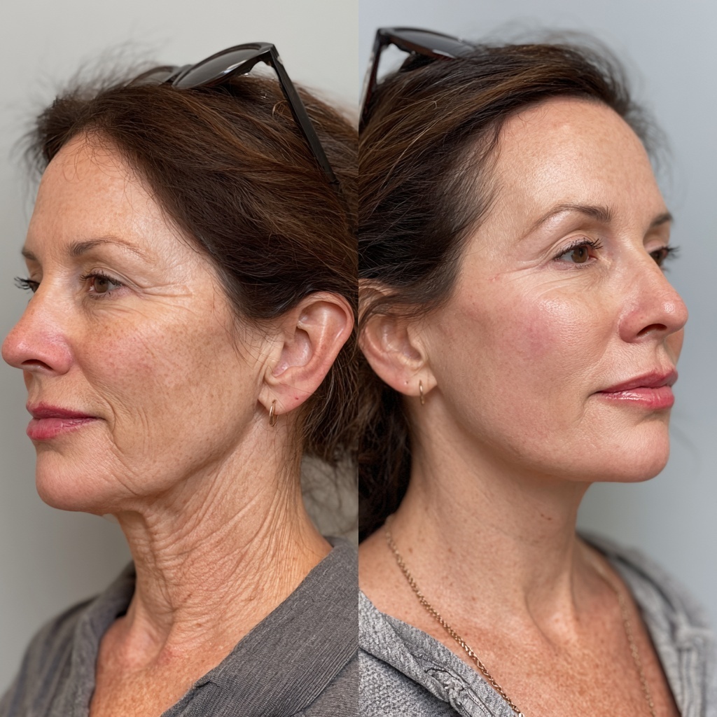 Client face and neck before-and-after comparison